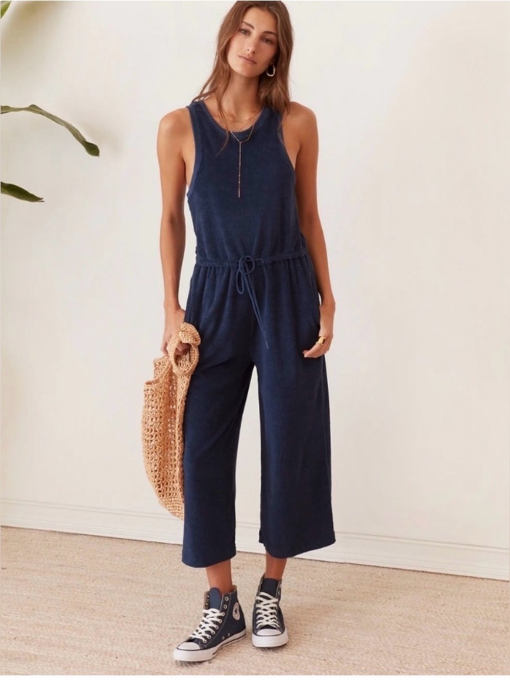 Grey State Navy Terry Sleeveless Wide-Leg Jumpsuit New Tags Small